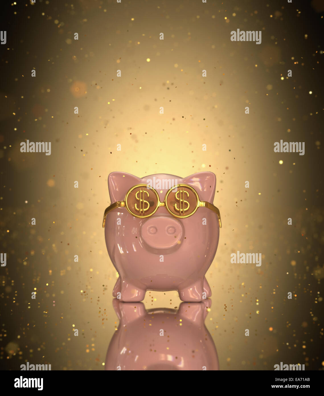 Piggy Bank on reflective marbre avec de l'or chute confetti. Banque D'Images