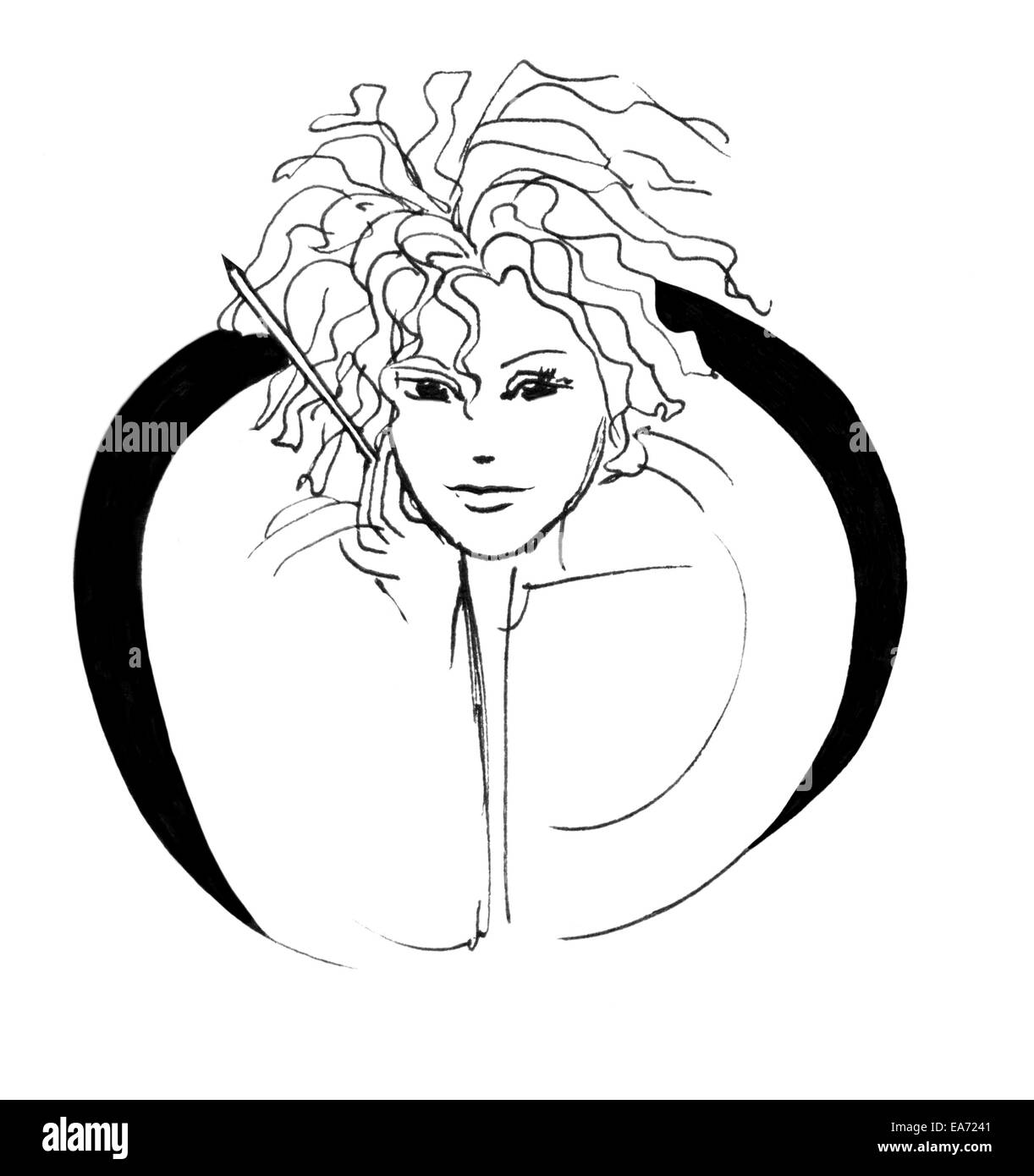 Pen fille, fille ou femme écrivain avec un crayon en demi-cercle abstrait. L'encre noir et blanc isolé sur blanc. Banque D'Images