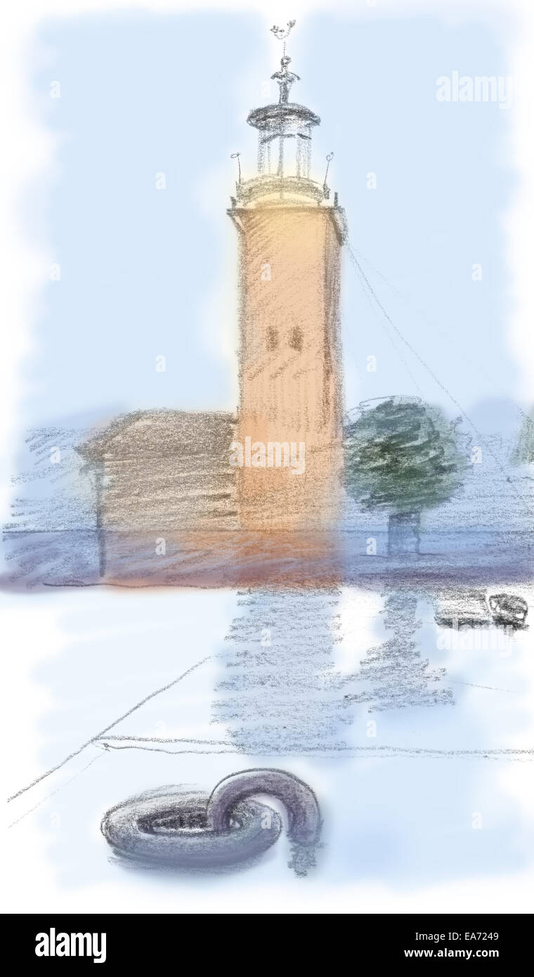 Stockholm City Hall, noir et blanc colorisées, croquis au crayon. Banque D'Images