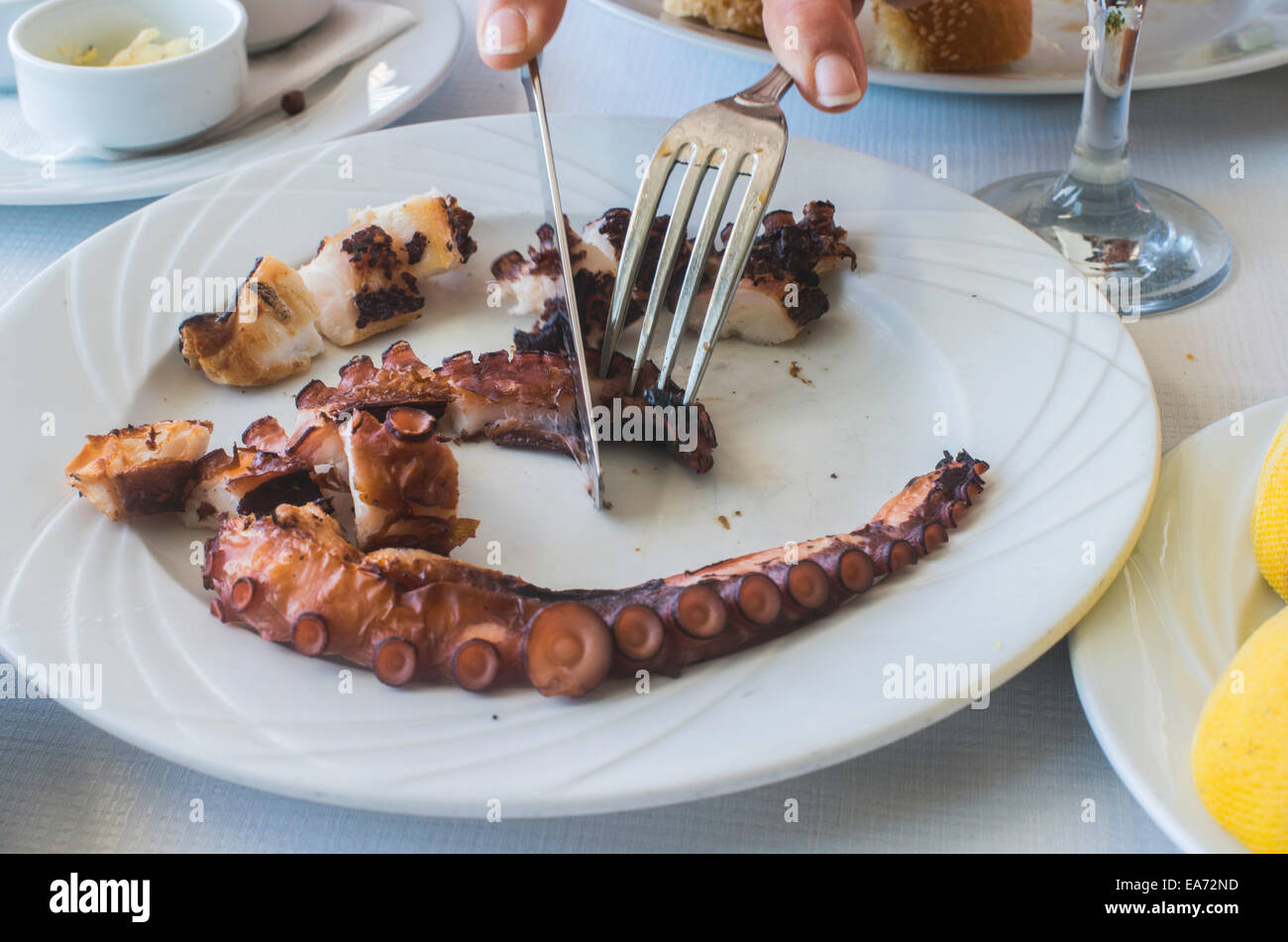 Octopus dans un restaurant grec. Les mains sont des pieuvres Banque D'Images