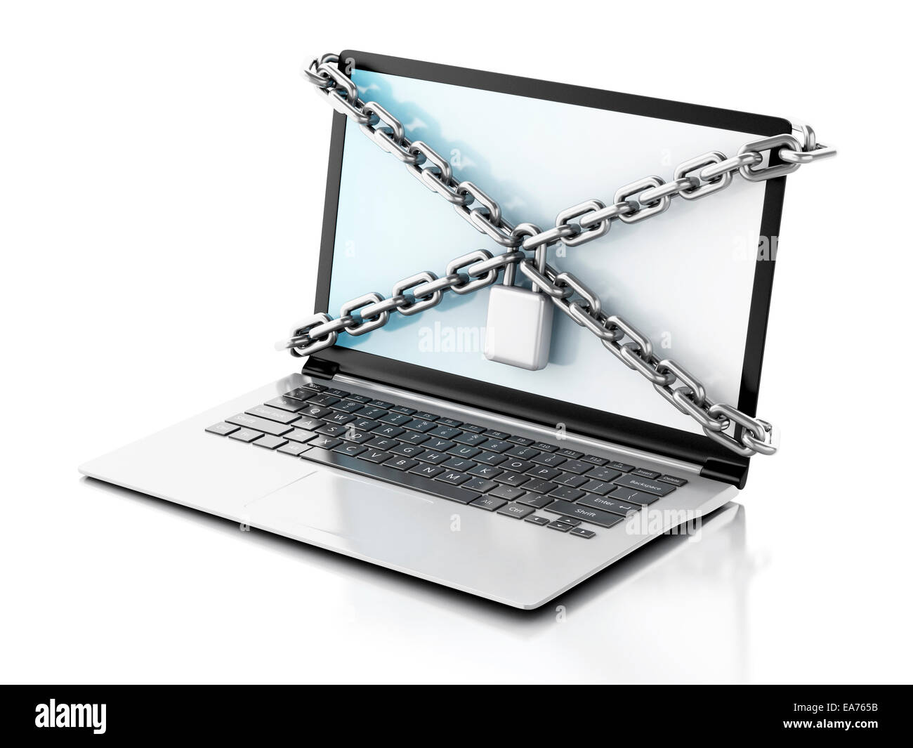 Image de l'ordinateur portable avec lock et la chaîne. Concept de sécurité des données.. 3d illustration Banque D'Images