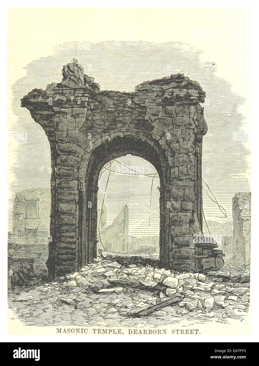Cette illustration de 1871 représente le temple maçonnique situé sur la rue Dearborne. Le temple maçonnique est un point de repère important à Chicago, illustrant le style architectural et le rôle social des bâtiments maçonniques au XIXe siècle. Banque D'Images