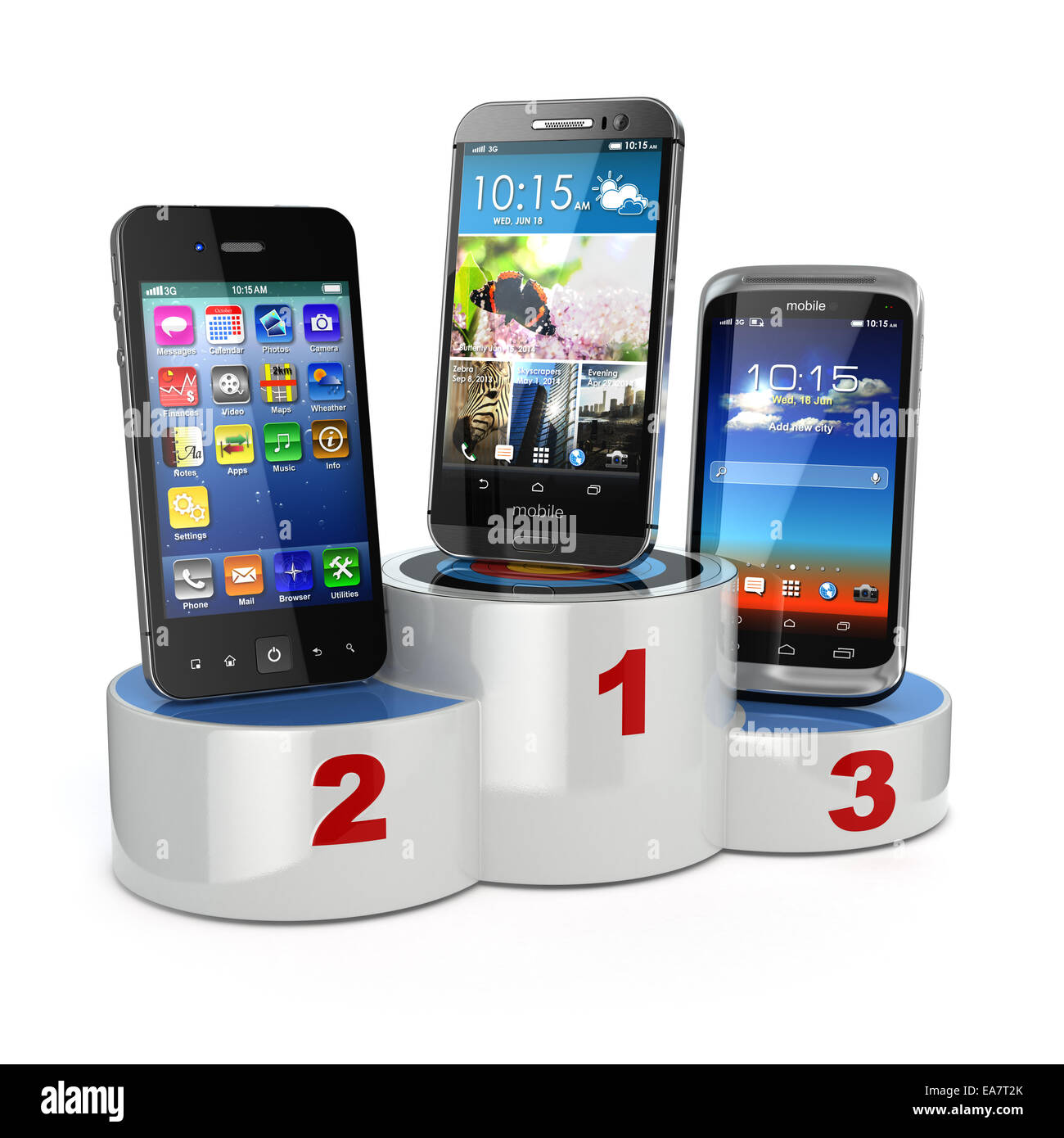 Choisir le meilleur téléphone cellulaire ou comparaison des téléphones  mobiles. Smartphones sur le podium. 3d Photo Stock - Alamy