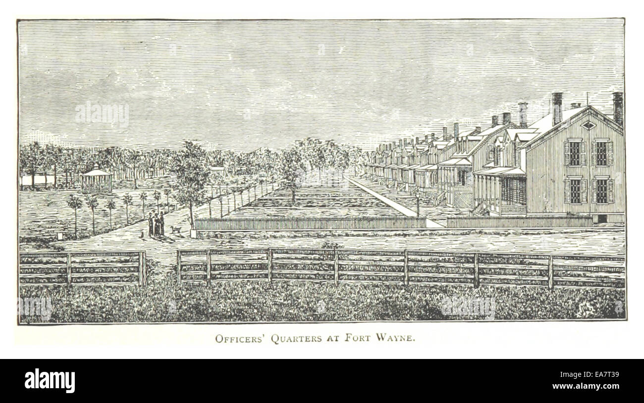 Cette illustration de 1884 par Farmer représente les quartiers des officiers à Fort Wayne à Détroit, offrant un aperçu historique du mode de vie militaire et de l’architecture de l’époque. L'image illustre le rôle du fort au XIXe siècle. Banque D'Images