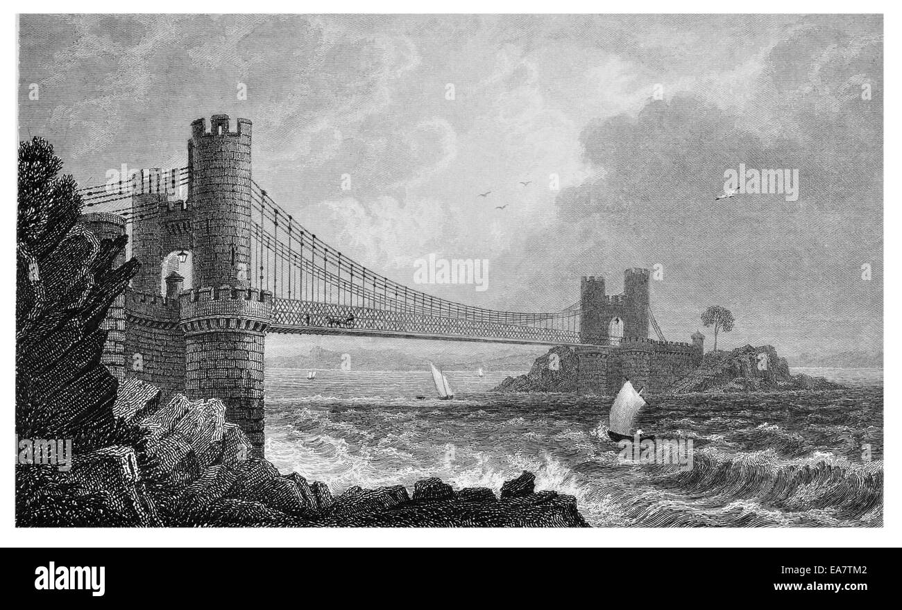 Suspension Bridge Conway Caernarvonshire vers 1830 Banque D'Images