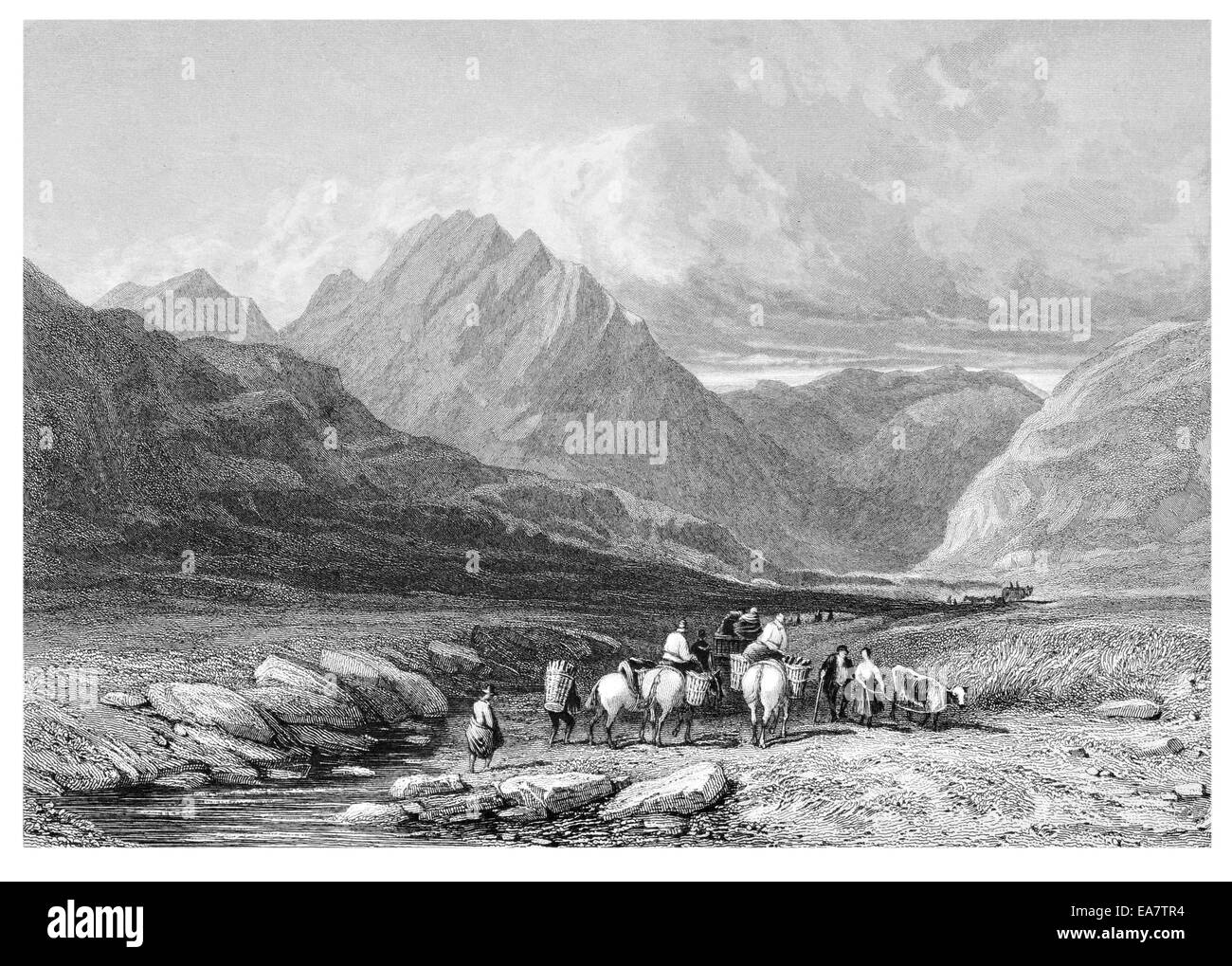 La montagne au-dessus de Llyn Ogwen Trifaen avec l'ancienne route de Capel Curig vers Bangor vers 1830 Banque D'Images