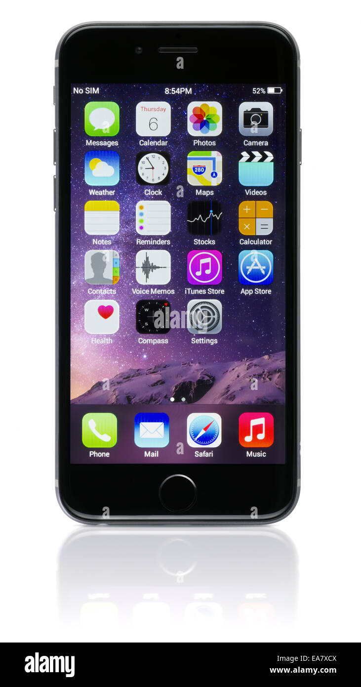 Espace Apple iPhone 6 gris montrant l'écran d'accueil avec iOS 8. Banque D'Images
