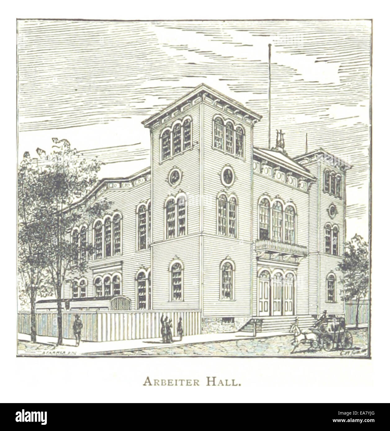 L'illustration de Farmer de 1884 représente Arbeiter Hall à Détroit, un bâtiment culturel et social important pour la communauté germano-américaine de la ville. La salle a accueilli divers événements communautaires, reflétant l'influence allemande croissante à Détroit au XIXe siècle. Banque D'Images