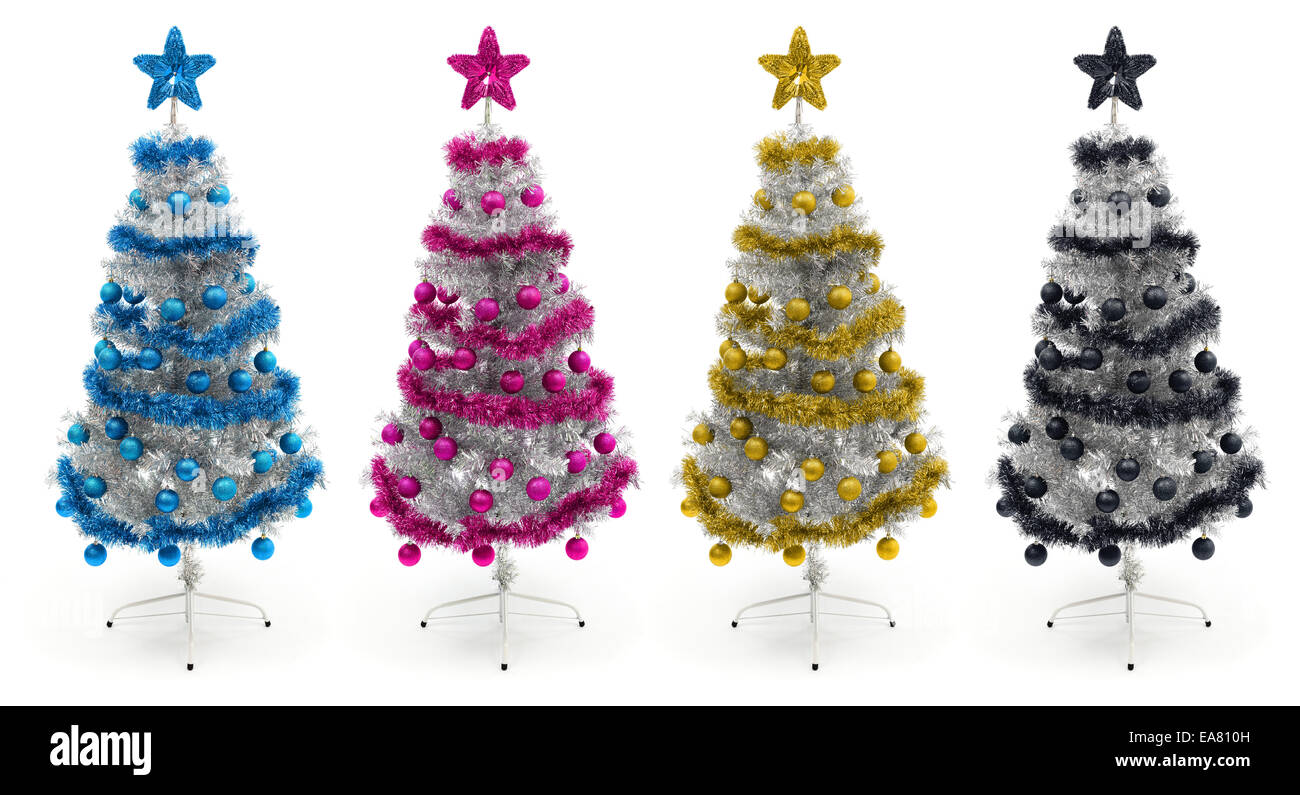 Les arbres de Noël d'argent décoré en cyan, magenta, jaune Banque D'Images