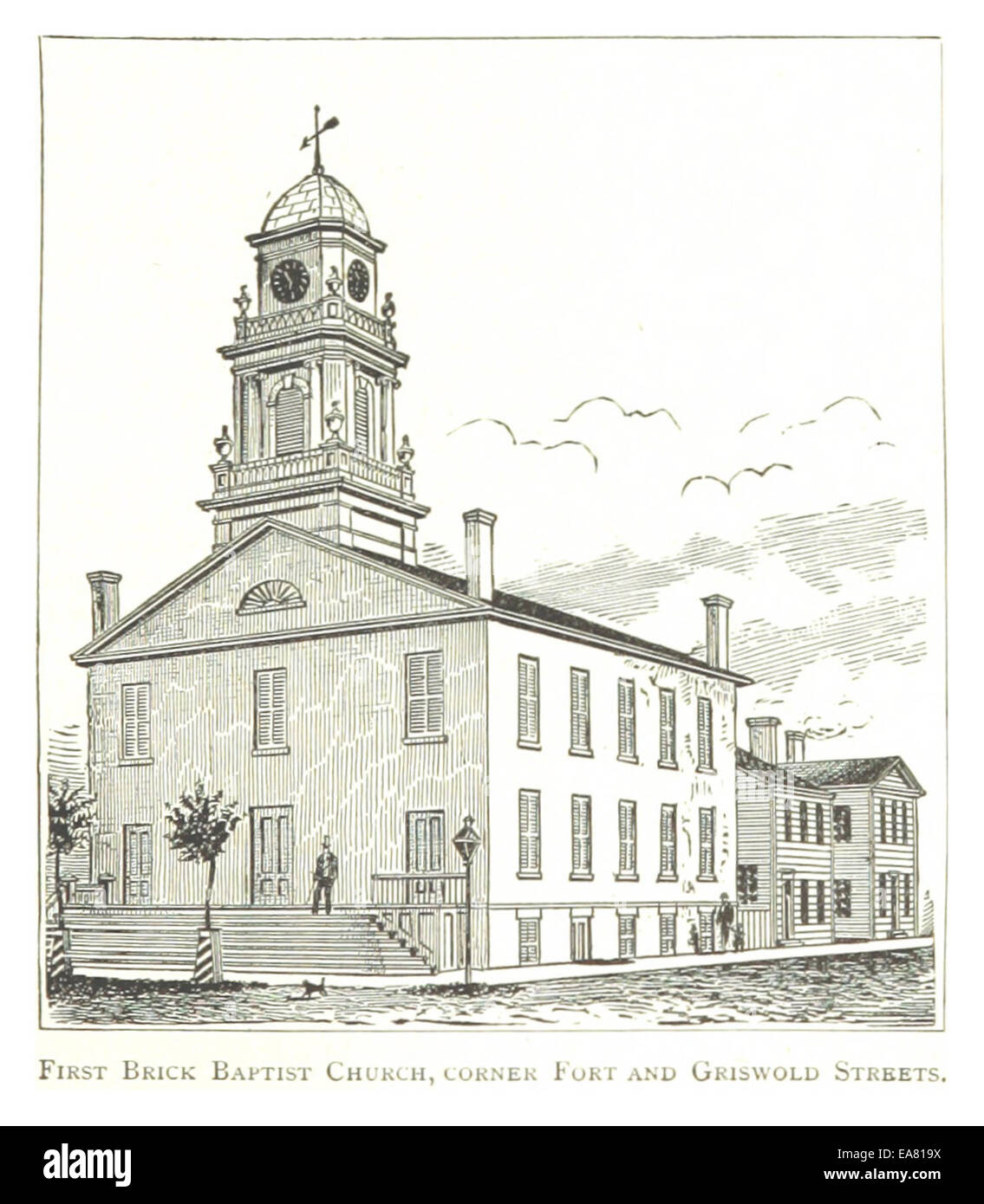 Une illustration de 1884 de l'église baptiste située à l'angle des rues Fort et Griswold à Détroit. Ce bâtiment, construit en 1826, fut la première église en briques de la ville. Banque D'Images Une illustration de 1884 de l'église baptiste située à l'angle des rues Fort et Griswold à Détroit. Ce bâtiment, construit en 1826, fut la première église en briques de la ville. Banque D'Images