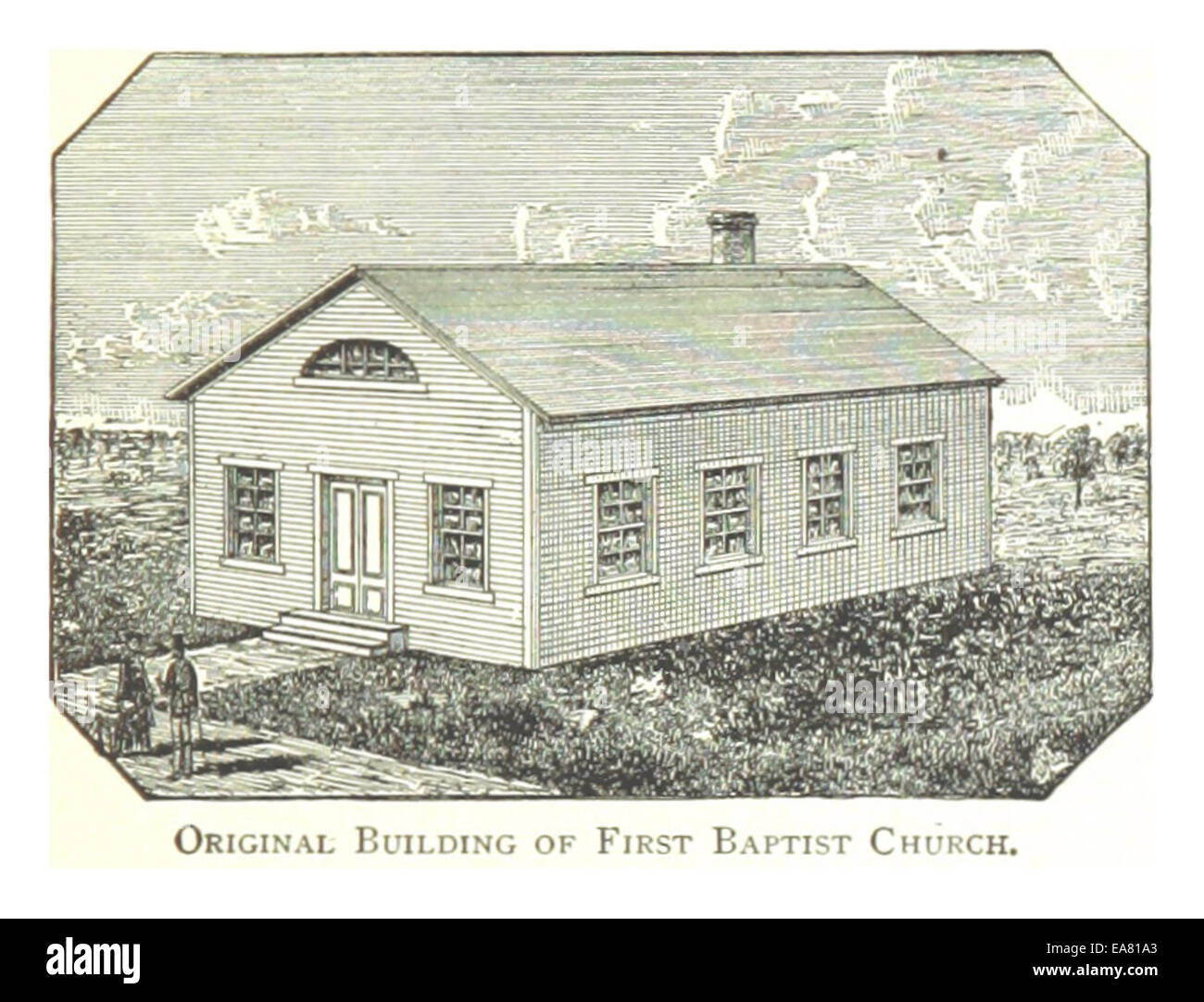 Illustration tirée de l’œuvre de Farmer en 1884 montrant le bâtiment original de la première église baptiste de Détroit, un site religieux et architectural important de la ville au XIXe siècle. Banque D'Images Illustration tirée de l’œuvre de Farmer en 1884 montrant le bâtiment original de la première église baptiste de Détroit, un site religieux et architectural important de la ville au XIXe siècle. Banque D'Images