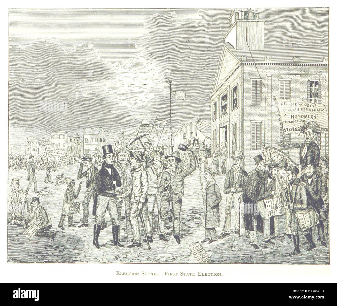 Cette illustration de 1884 par Farmer dépeint une scène de la première élection d'État, capturant l'atmosphère politique et l'engagement public de l'époque. L'image offre un aperçu des élections anticipées et du processus démocratique aux États-Unis. Banque D'Images