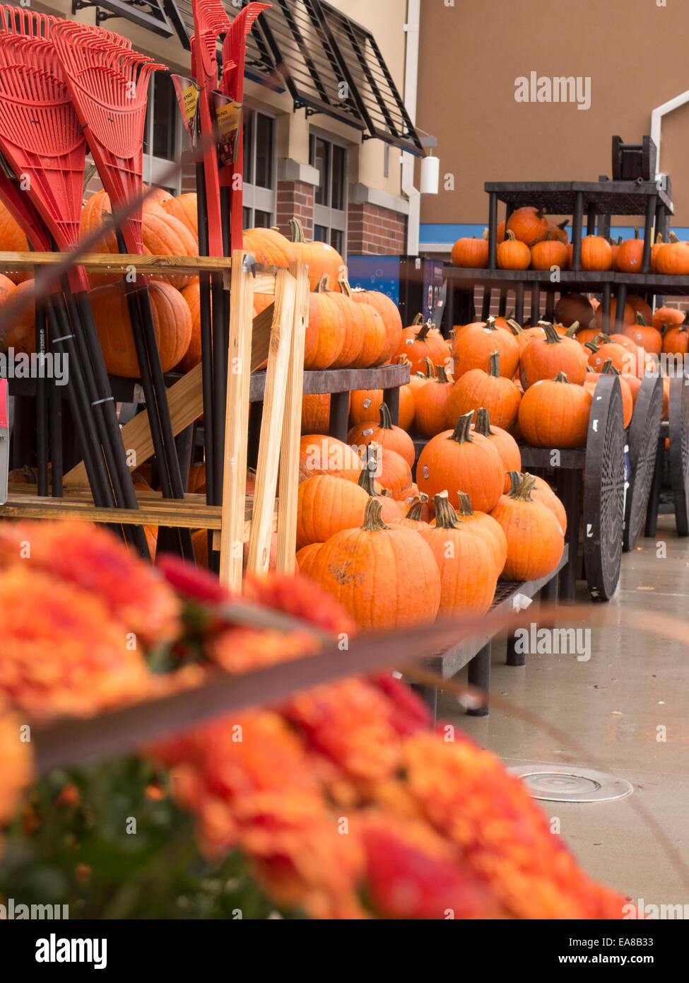 A l'Halloween, action de grâce et à l'automne à l'extérieur de l'écran une petite ville magasin Walmart. Banque D'Images