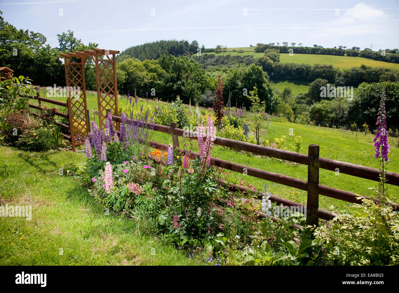 Jardin en pente avec des fleurs, un arc et une vue, situé dans la magnifique campagne galloise anglais dans Carmarthenshire, Pays de Galles. Il y a Banque D'Images