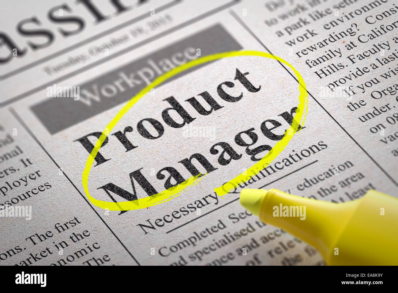 Product Manager vacance dans un journal. Concept de recherche d'emploi. Banque D'Images