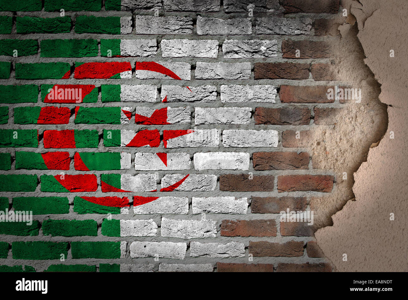 La texture du mur de brique sombre avec du plâtre - drapeau peint sur mur - Algérie Banque D'Images