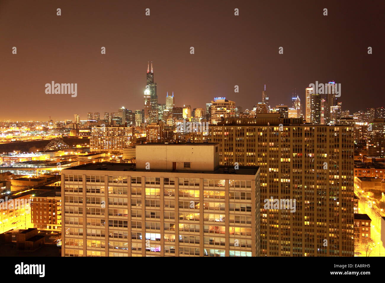 Vue nocturne de Chicago Downtown Banque D'Images