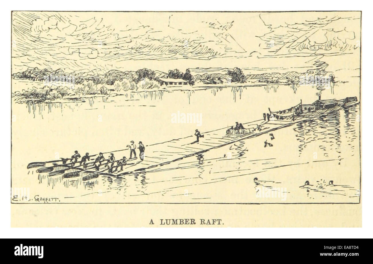 Cette illustration de 1883 de Mark Twain représente un radeau de bois, mettant en évidence l'utilisation de radeaux pour le transport de bois le long des rivières au XIXe siècle. Il reflète l'économie fluviale et les modes de transport de l'époque. Banque D'Images