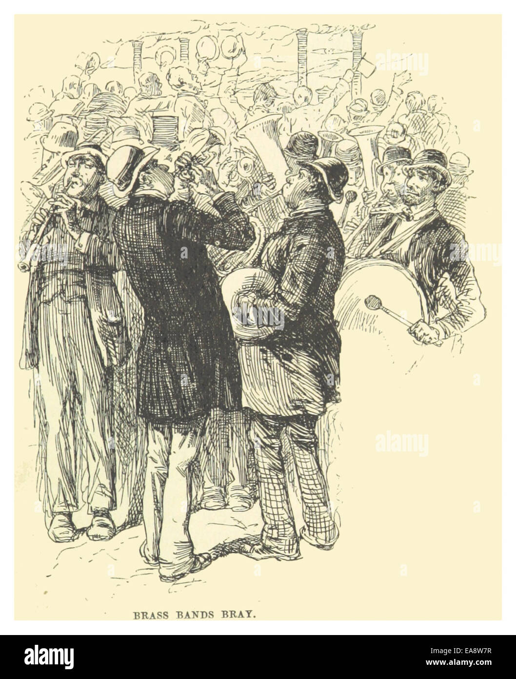 Cet extrait de 1883 de l'œuvre de Mark Twain 'Brass Bands Bray' met en valeur son esprit caractéristique et sa satire sociale, reflétant le commentaire humoristique dans son style littéraire. Banque D'Images