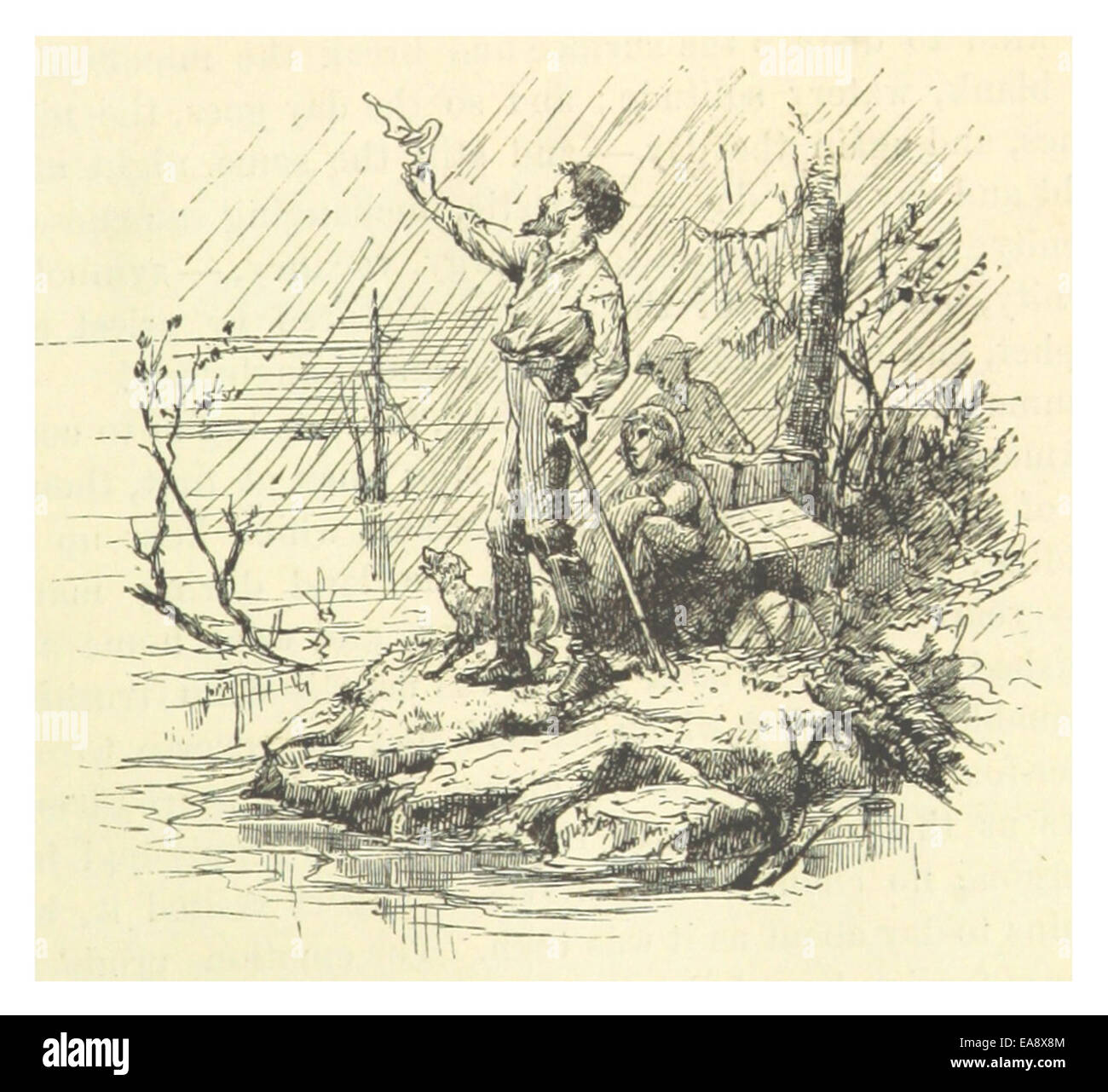 Une œuvre de 1883 de Mark Twain représentant des scènes d'inondation, illustrant les effets dévastateurs des inondations. Les scènes mettent en lumière les observations et réflexions de Twain sur de telles catastrophes naturelles. Banque D'Images