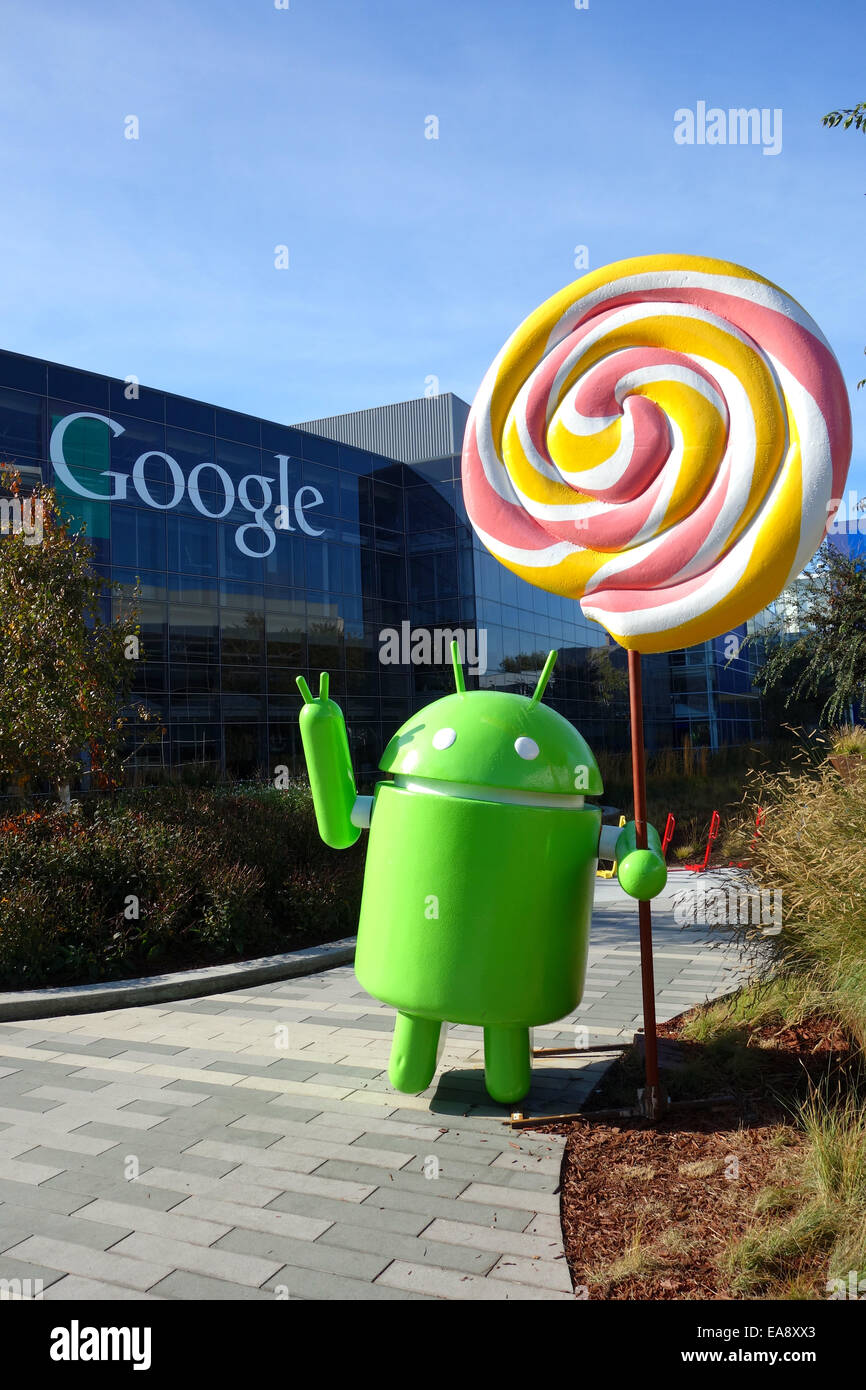 Android 5.0 Système d'exploitation mobile de sucette au Siège de statue de Google à Mountain View, Californie, USA Banque D'Images