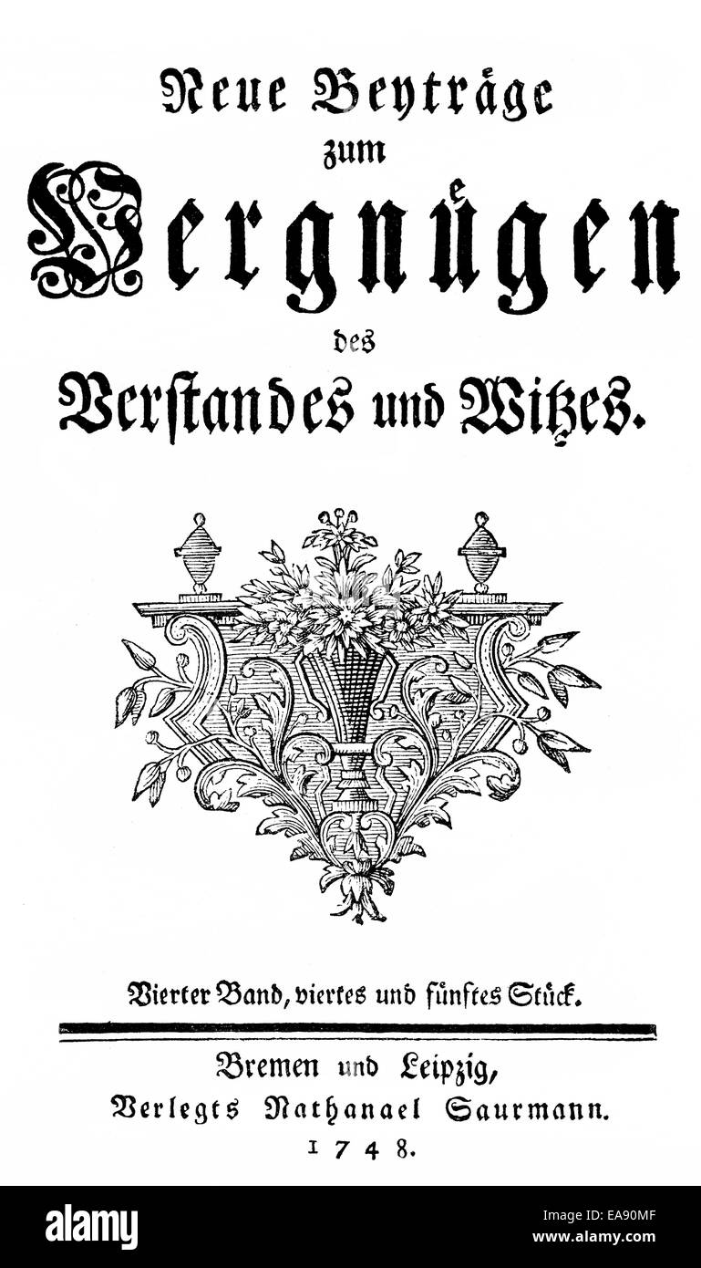 Imprimer Historique, page de titre de la Bremer Beitraege, 1748, Neue Beitraege zum Vergnuegen des Verstandes und Witzes, un journal hebdomadaire, Banque D'Images