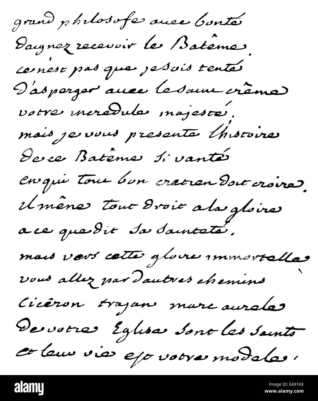 Poème écrit à la main, 1740, Voltaire, ou François Marie Arouet, 1694 - 1778, auteur de l'anglais et de l'Illumination, Volta Banque D'Images