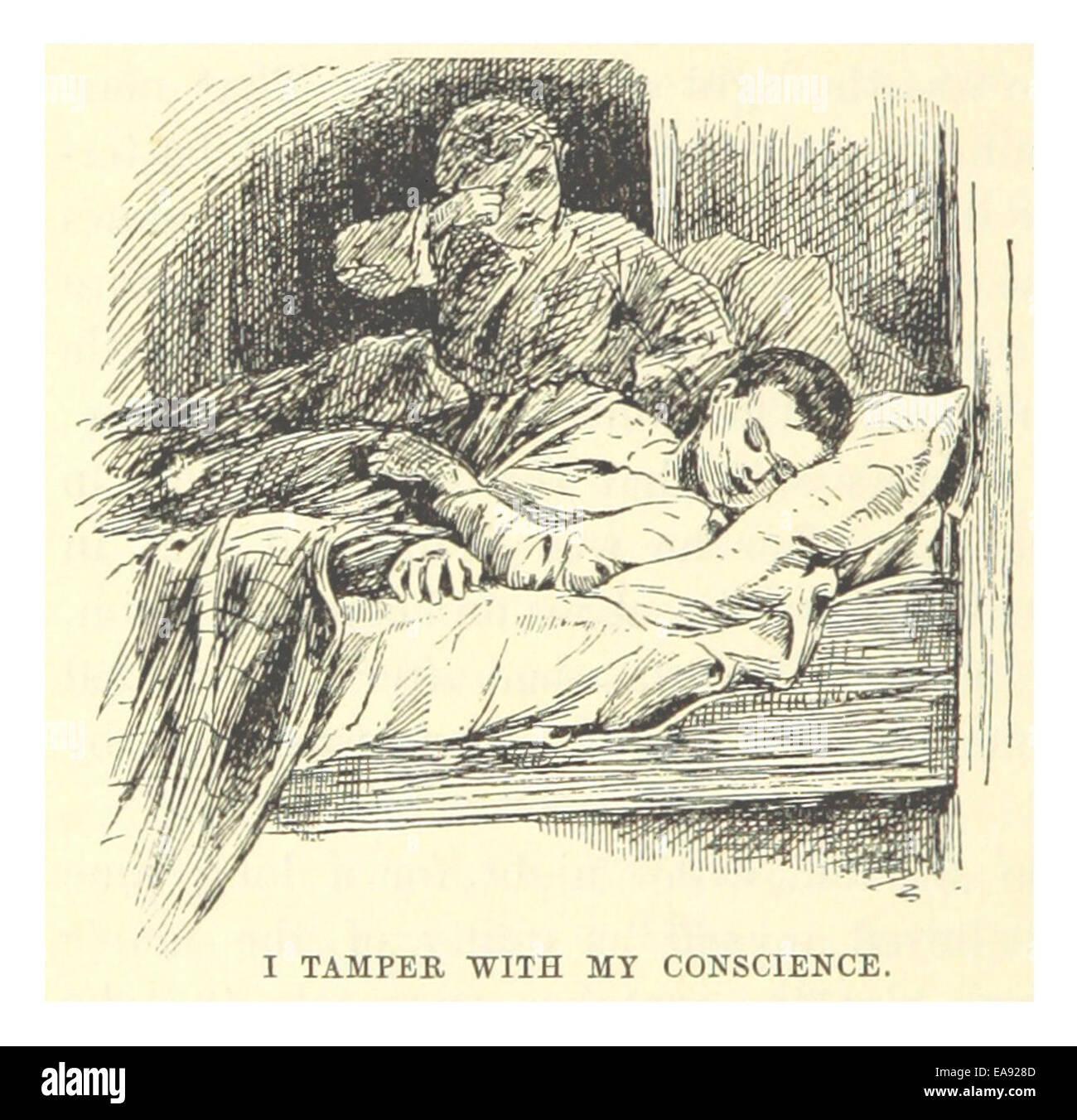 Cette illustration de 1883 tirée de l’œuvre de Mark Twain dépeint avec humour la réflexion ludique de l’auteur sur la conscience et la morale. L'image accompagne le commentaire spirituel de Twain sur la nature humaine et l'introspection personnelle. Banque D'Images