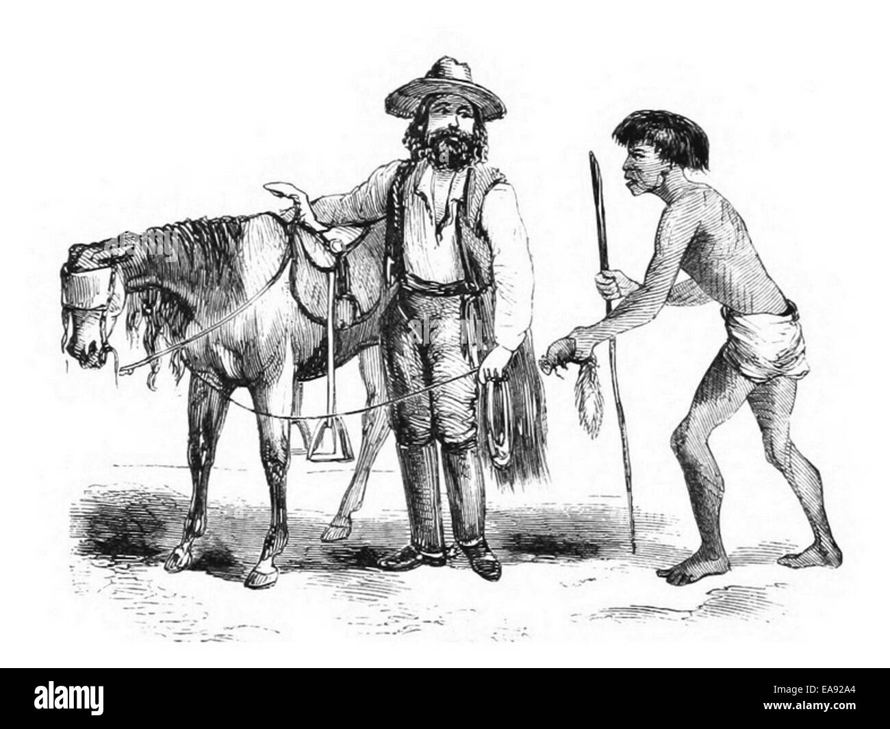 Une illustration de 1855 de Maryatt représentant Vaccaeo et un Indien, probablement axée sur une scène historique ou culturelle, mettant en évidence l'interaction entre les colons européens et les peuples autochtones en Amérique du Nord. Banque D'Images