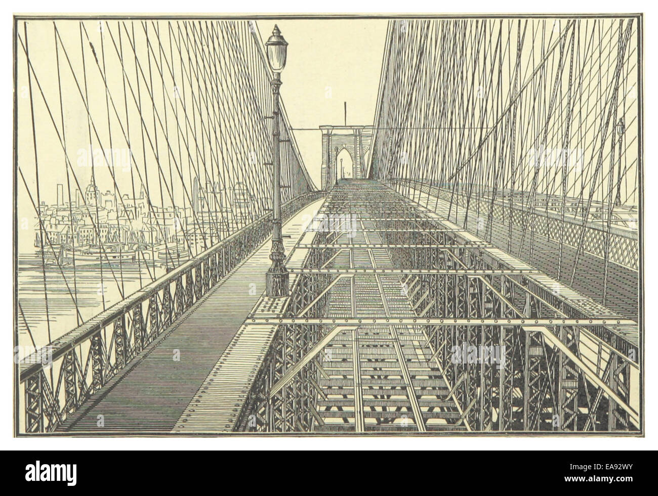 Une illustration de 1883 de l'emblématique New York et Brooklyn Bridge. L'image met en évidence la conception architecturale du pont et son importance pour relier Manhattan et Brooklyn à la fin du XIXe siècle. Banque D'Images