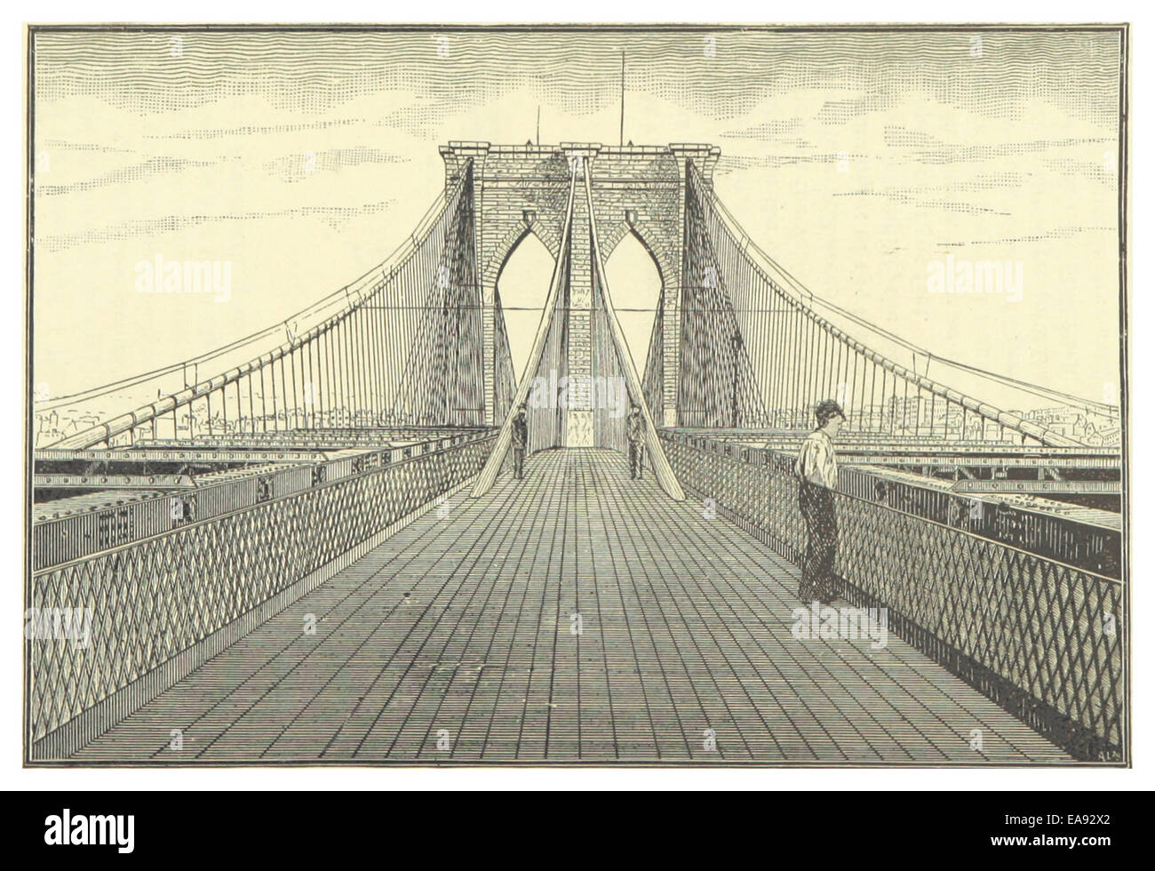 Cette illustration de 1883 présente une représentation détaillée de l'emblématique pont de New York et Brooklyn, mettant en évidence sa conception architecturale et son importance en tant que liaison de transport essentielle entre Manhattan et Brooklyn. Le pont représente une merveille d'ingénierie du XIXe siècle. Banque D'Images