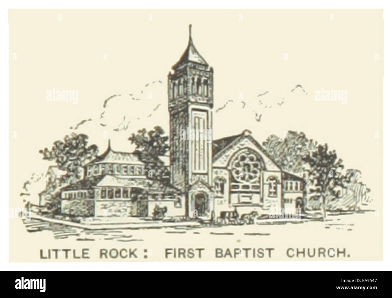 Cette illustration de 1891 représente la première église baptiste de Little Rock, Arkansas. L'œuvre d'art met en valeur la conception architecturale de l'église et son rôle prépondérant dans la vie religieuse et communautaire de la ville à la fin du XIXe siècle. Banque D'Images Cette illustration de 1891 représente la première église baptiste de Little Rock, Arkansas. L'œuvre d'art met en valeur la conception architecturale de l'église et son rôle prépondérant dans la vie religieuse et communautaire de la ville à la fin du XIXe siècle. Banque D'Images