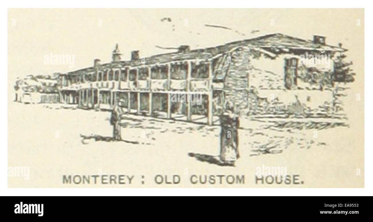Cette illustration de 1891 par Mechelin représente l'ancienne maison des douanes à Monterey, en Californie. L’image met en valeur ce bâtiment historique, qui a joué un rôle important dans les premiers processus commerciaux et douaniers de la Californie. Banque D'Images