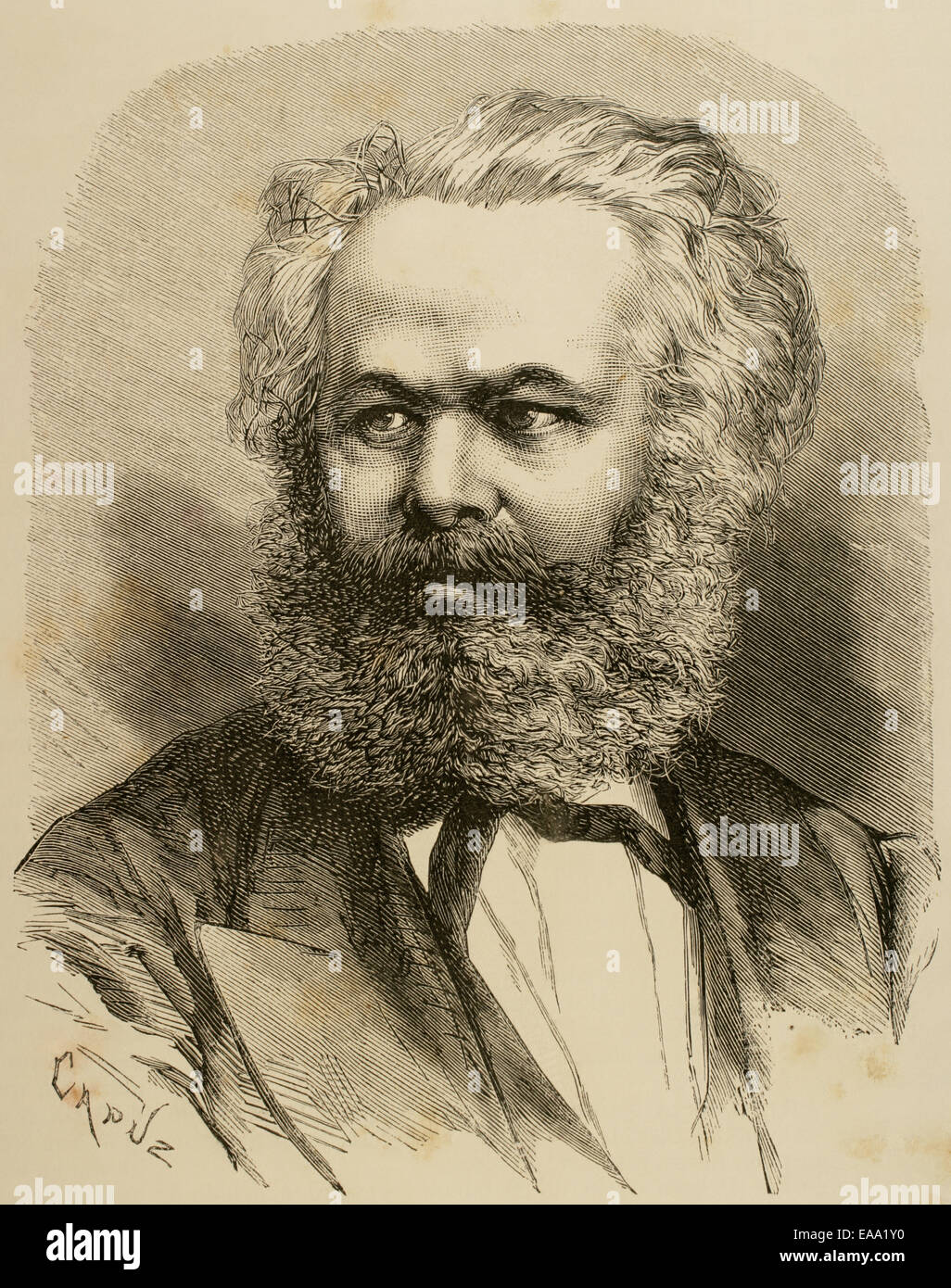 Karl Marx (1818-1883). Philosophe, économiste politique allemand et communiste. Portrait. Gravure de Capuz. Banque D'Images