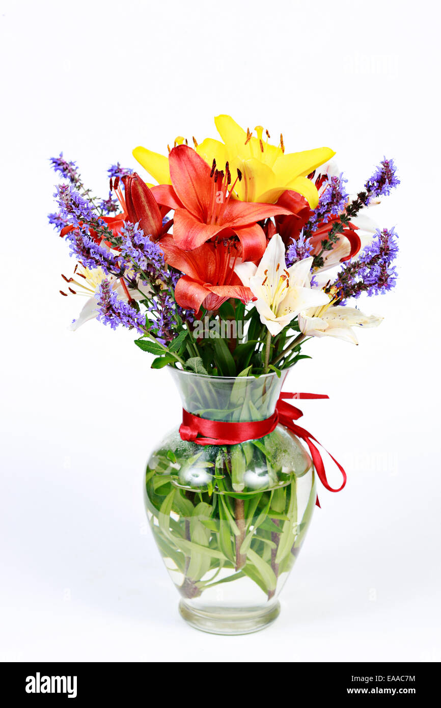 Fleurs dans un vase sur fond blanc Banque D'Images