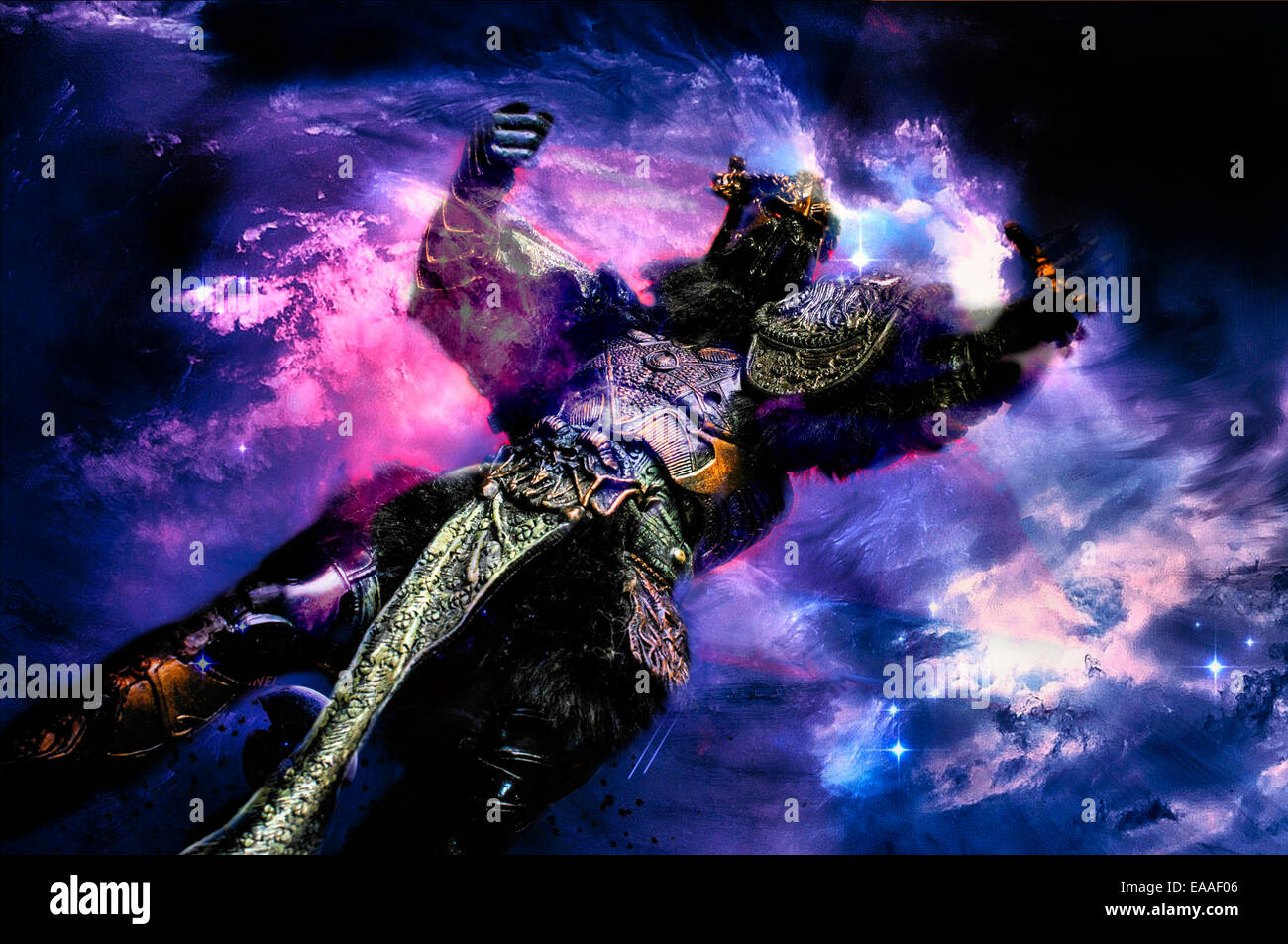 Toy warrior figure en numérique placé dans un monde cosmique. Banque D'Images