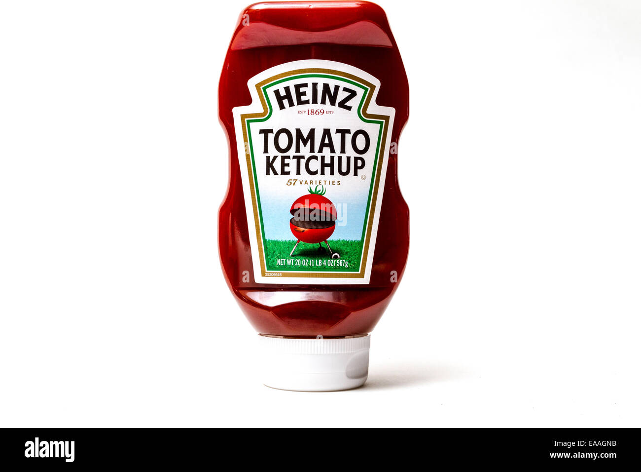Heinz Tomato Ketchup dans une bouteille de plastique avec un barbecue en forme de tomate sur l'étiquette Banque D'Images