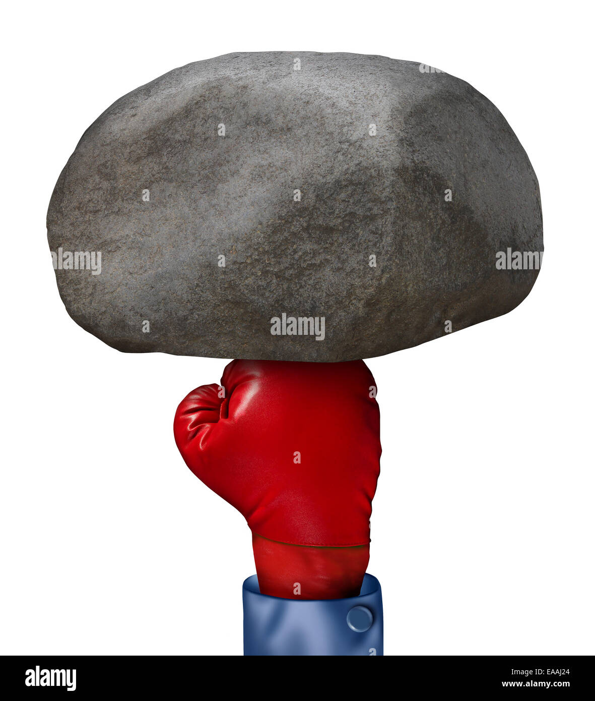 Solution d'entreprise concept comme un gant de boxe rouge l'introduction d'un énorme rocher boulder comme un succès métaphore pour surmonter les obstacles et le problème de l'un fardeau isolé sur un fond blanc. Banque D'Images