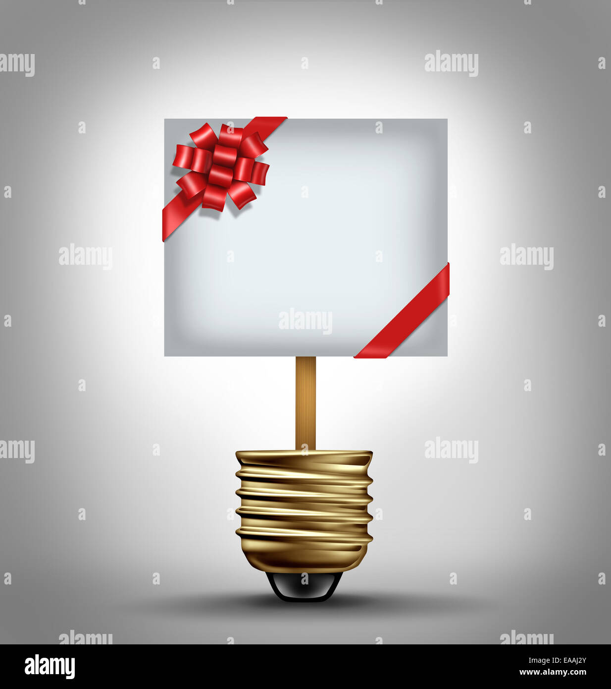 Concept de cadeau comme une ampoule ouverte avec un ruban rouge décoré bow signe en tant que symbole de vacances idées shopping et guide d'achat. Banque D'Images