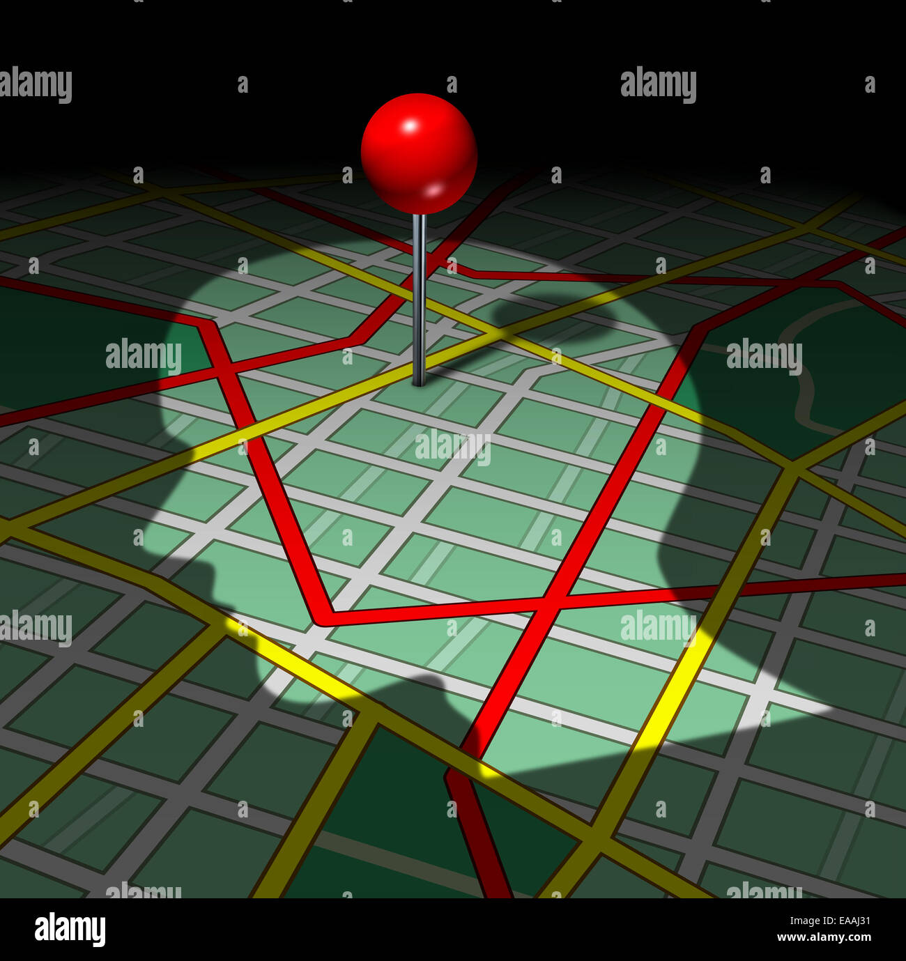 La feuille de route et direction la vie concept comme l'ombre d'un visage ou à la tête des personnes cast sur des graphiques de rues et de la voirie avec un Banque D'Images