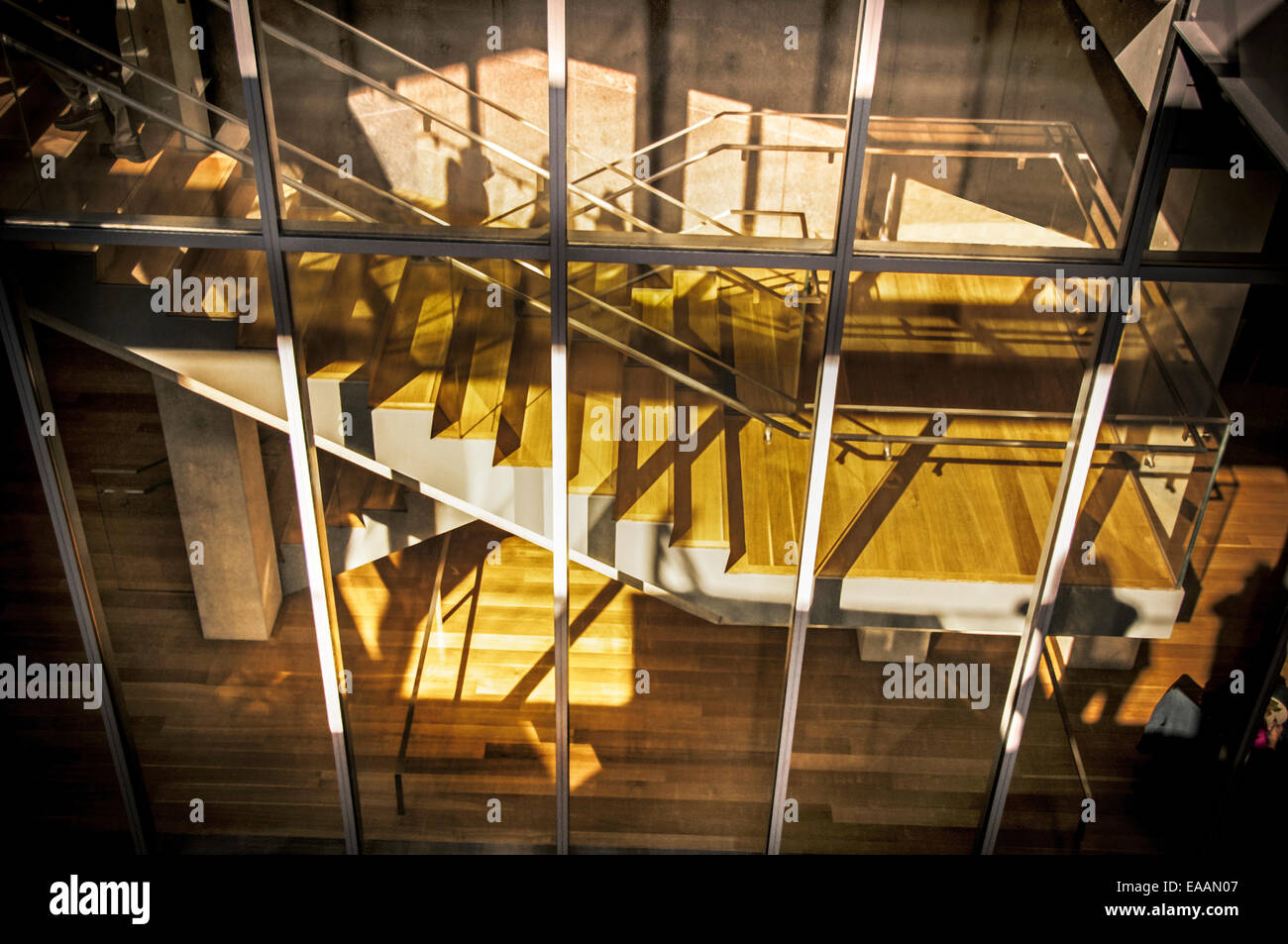 Exemple de l'architecture moderne dans un bâtiment public murs de verre béton métal escalier parquet en chêne et de la lumière du soleil et d'ombre Banque D'Images