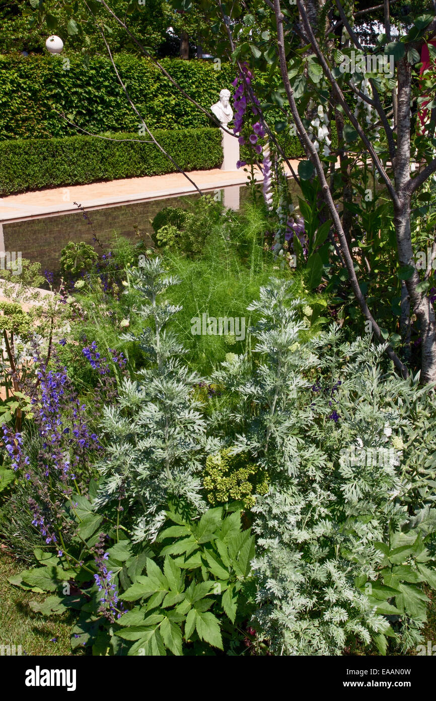 Combinaison de plantes contenant de la Salvia Artemesia et fenouil (Foeniculum) en face d'un étang. Banque D'Images