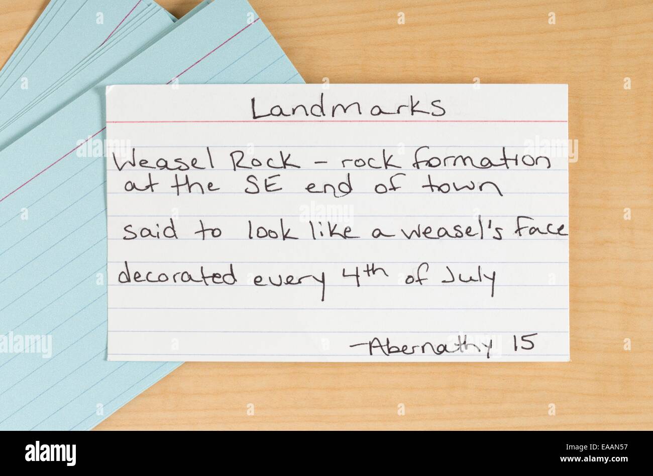 Au sujet d'une notecard manuscrites rock formation pour un projet de recherche de l'école Banque D'Images