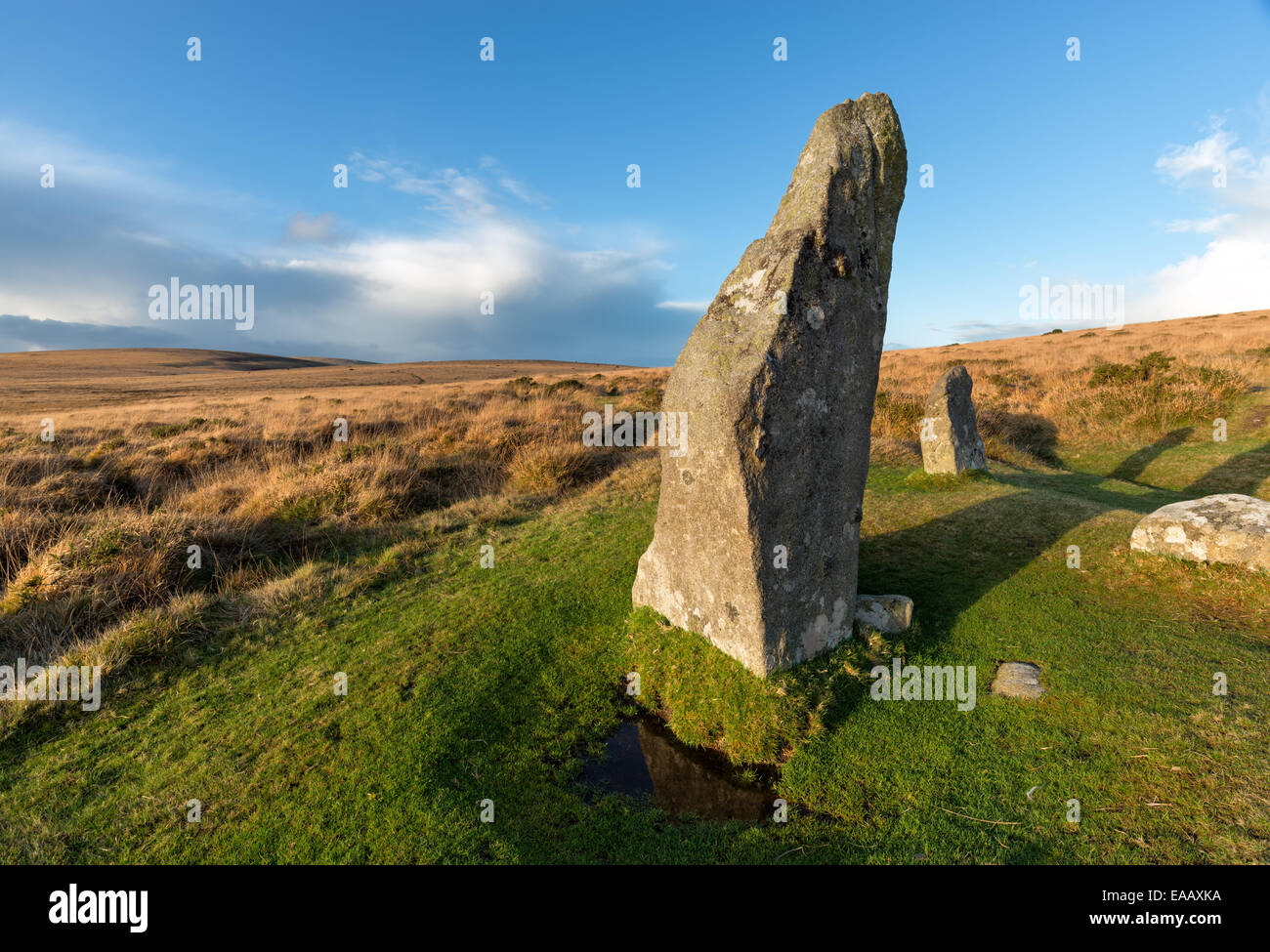 Le cercle de pierre Scorhill sur le parc national du Dartmoor dans le Devon près de Gidleigh Banque D'Images