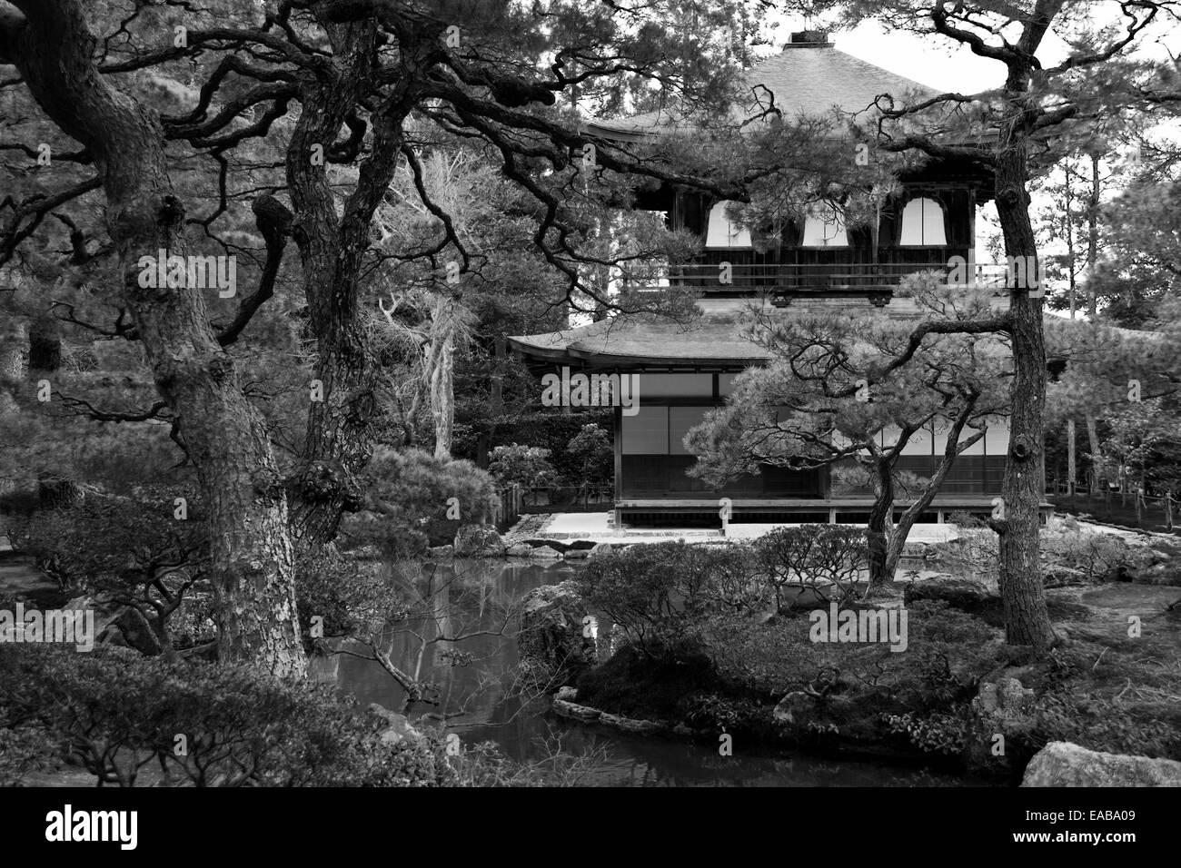 Photo noir et blanc de Ginkakuji (Pavillon d'argent) temple caché dans le jardin japonais Banque D'Images