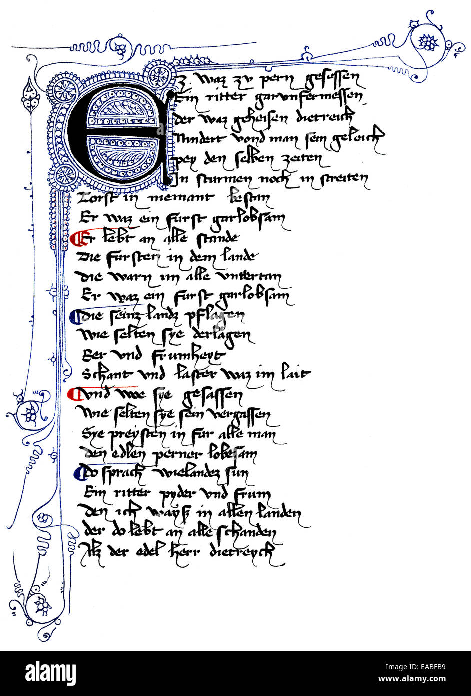 Manuscrit historique, Laurin Livre des héros, 14e siècle, Handschrift, Laurin Heldenbuch, 14. Jahrhundert, Banque D'Images