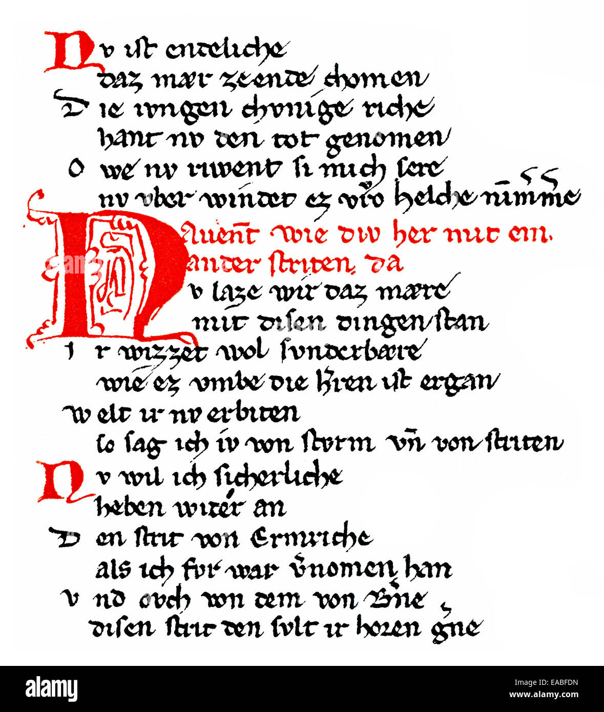 Imprimer Historique, manuscrit, couplet de rimes versets de Dietrich's Flight, moyen haut allemand poème épique, héroïque, Rabenschlacht R Banque D'Images