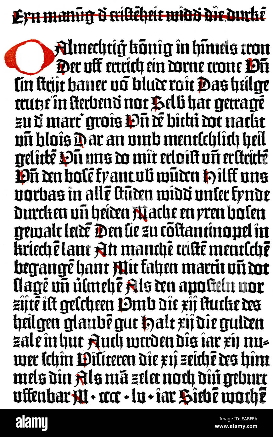 Imprimer Historique, premier texte imprimé avec des lettres mobiles, un avertissement pour la chrétienté contre les Turcs, Johannes Gutenberg, 1454, Banque D'Images