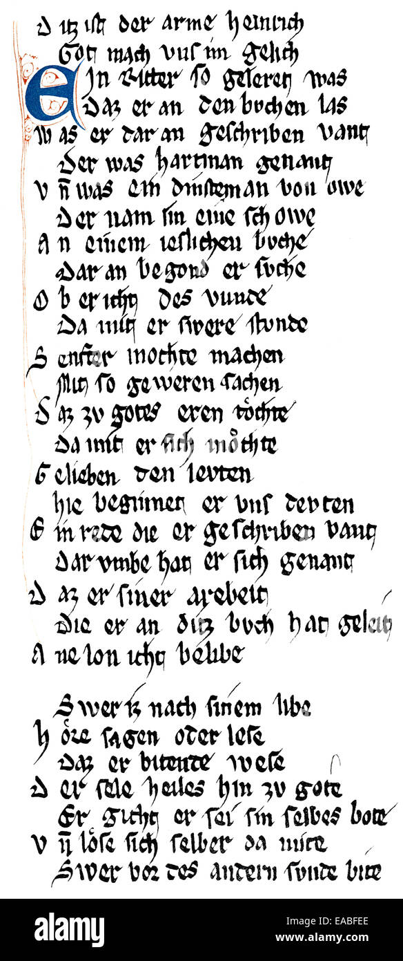 Imprimer Historique, manuscrit, Hartmann von Aue, poète épique du moyen haut allemand période classique autour de 1200, le récit en vers, Banque D'Images
