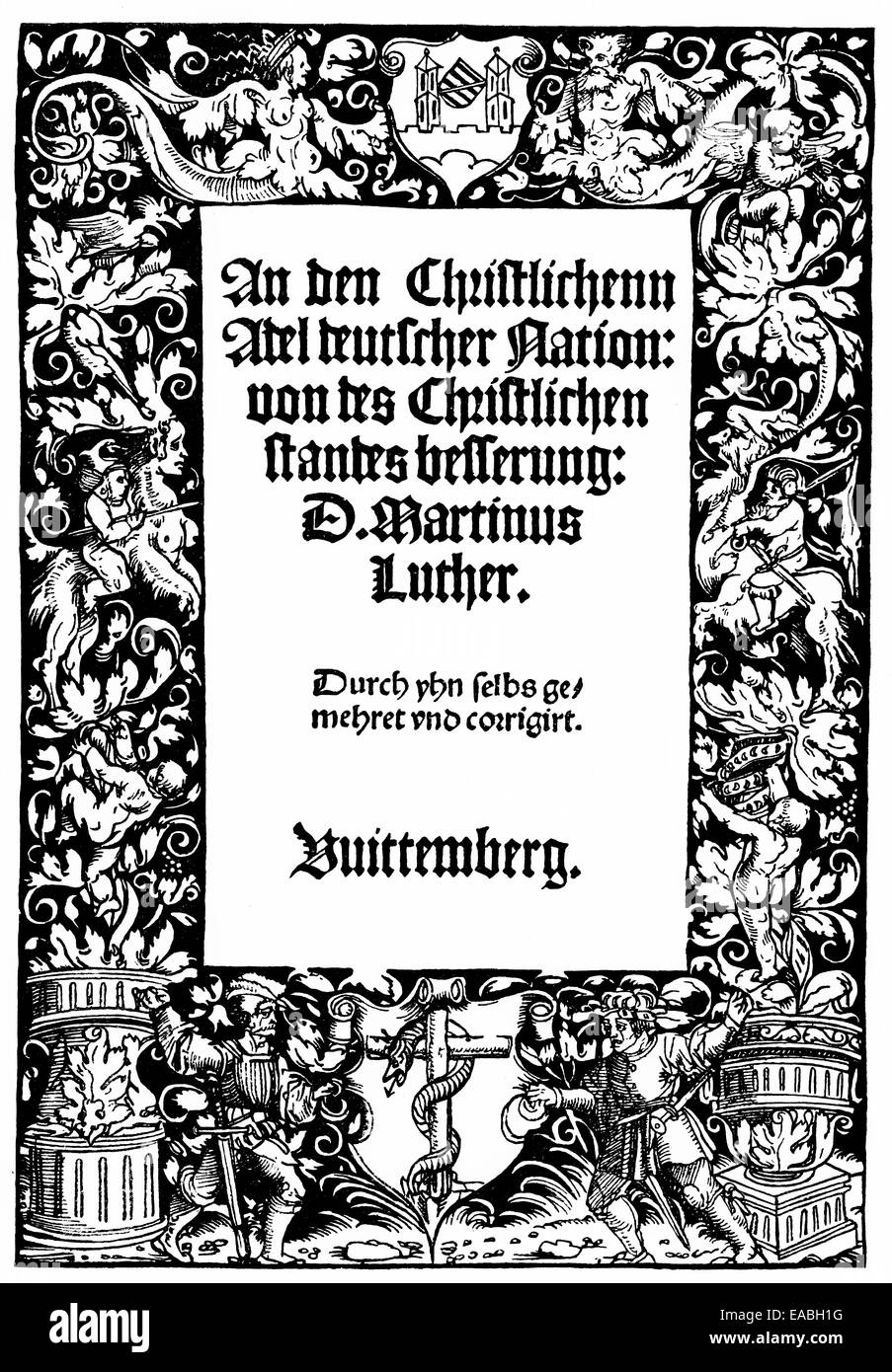 1520, page de titre de la première réforme, document écrit par Martin Luther, 1483 - 1546, Holzschnitt, 1520 von der Titelseite1. Banque D'Images